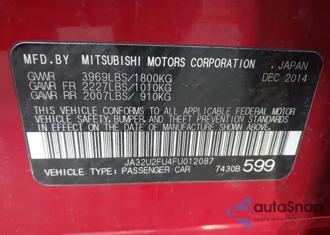 2015 Mitsubishi Lancer Es from USA, damaged, VIN JA32U2FU4FU012087